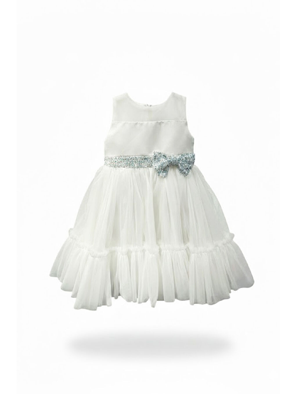 Beyaz Kız Çocuk Elbise -Saten Tüllü Kumaş-Kuşak ve Fiyonk Detaylı 2-8 Yaş 12517-2