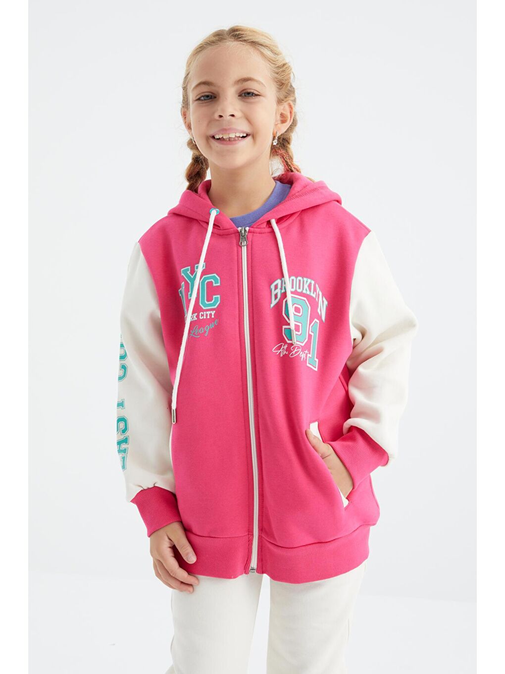 Fuşya Baskılı Fermuarlı Kapüşonlu Oversize Kız Çocuk Sweatshirt - 75094