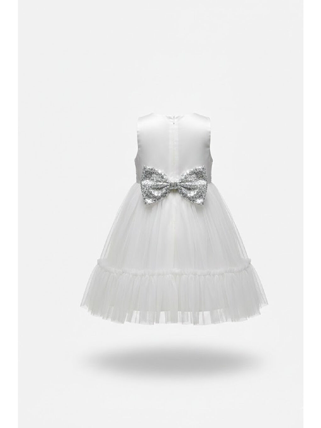 Beyaz Kız Çocuk Elbise -Saten Tüllü Kumaş-Kuşak ve Fiyonk Detaylı 2-8 Yaş 12517-3