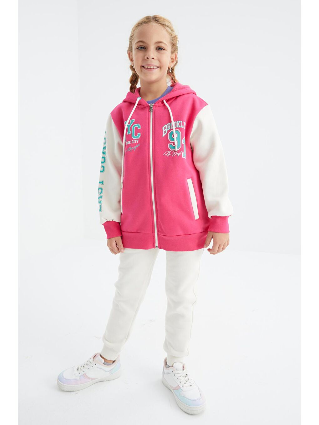 Fuşya Baskılı Fermuarlı Kapüşonlu Oversize Kız Çocuk Sweatshirt - 75094-1