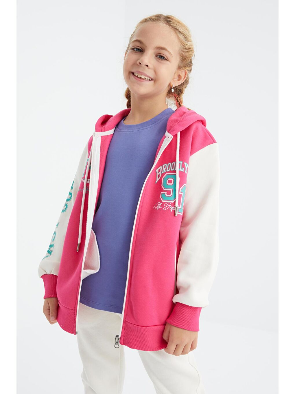 Fuşya Baskılı Fermuarlı Kapüşonlu Oversize Kız Çocuk Sweatshirt - 75094-2