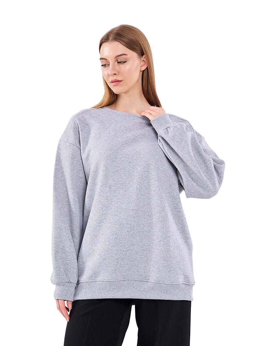 MMETALIC Gri Kadın Pamuklu Oversize Basic Bisiklet Yaka Sweatshirt