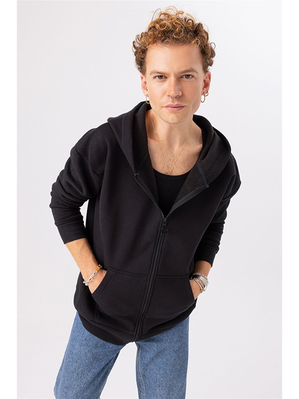 Erkek Oversize Fermuarlı Kapüşonlu Siyah Sweatshirt