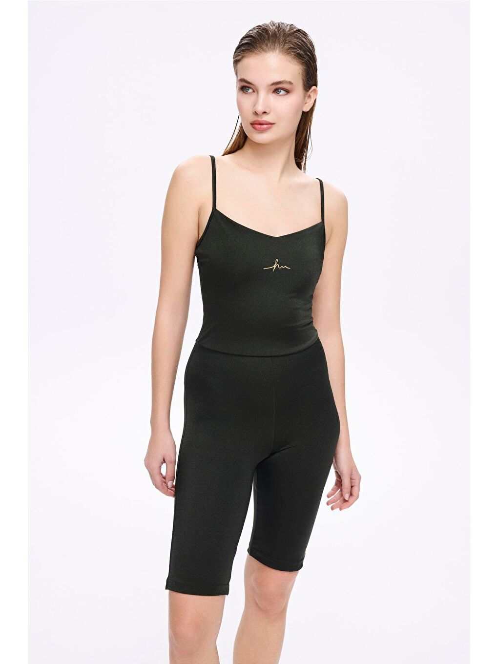 Parlak Kumaş Siyah 3 Parça Yarı Kapalı Mayo - Tulum Takımı 5053-4