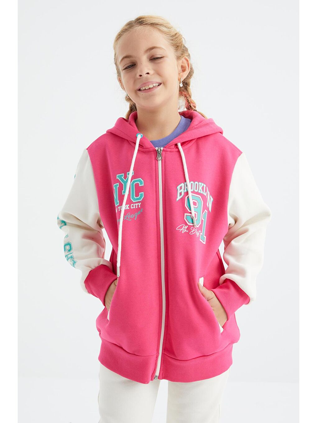 Fuşya Baskılı Fermuarlı Kapüşonlu Oversize Kız Çocuk Sweatshirt - 75094-4