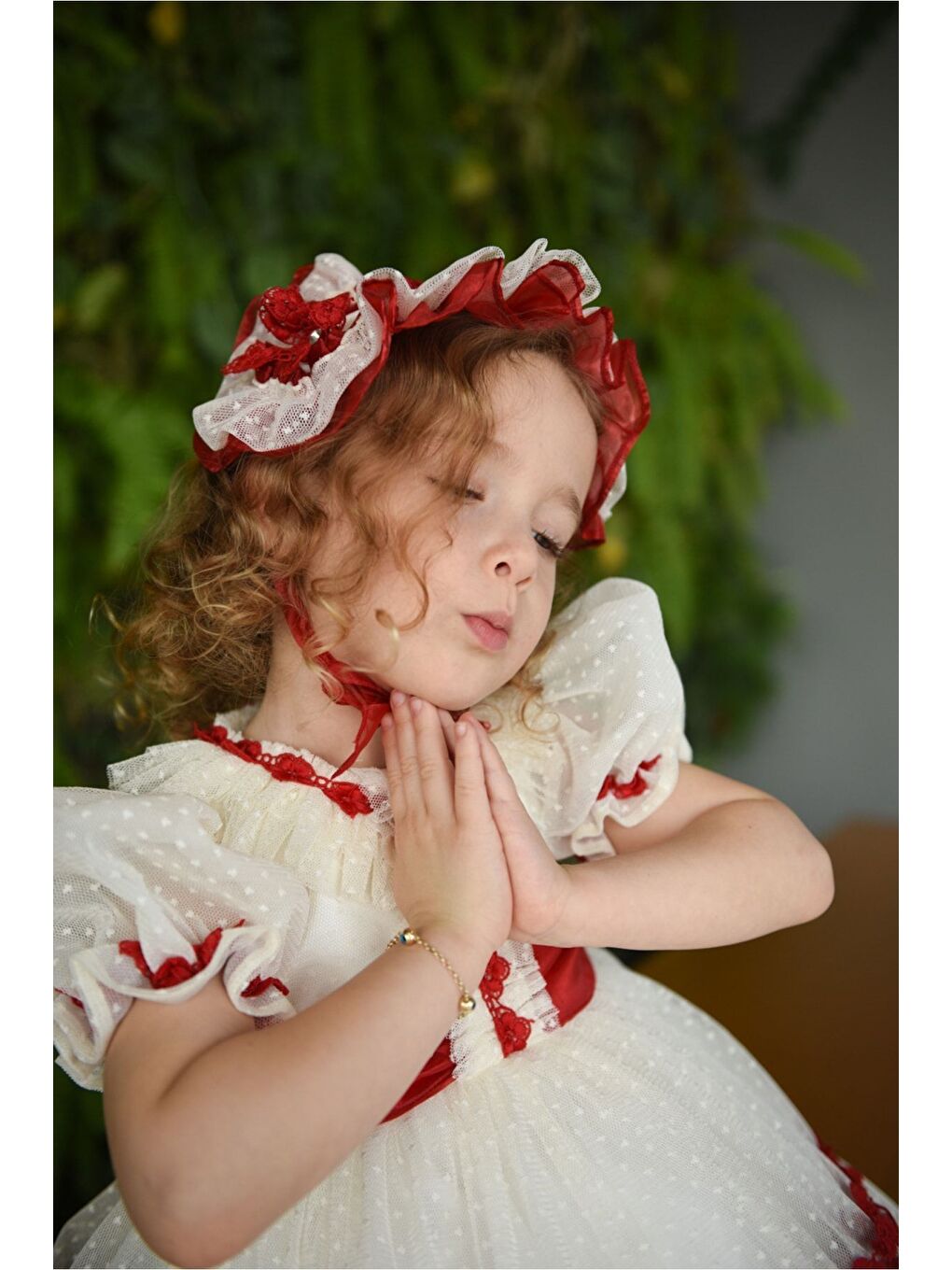 Kırmızı Özel Tasarım Kız Çocuk Vintage Elbise, Kısa Kız Çocuk Elbisesi, Saç Aksesuarlı Çocuk Abiye_M2316-2
