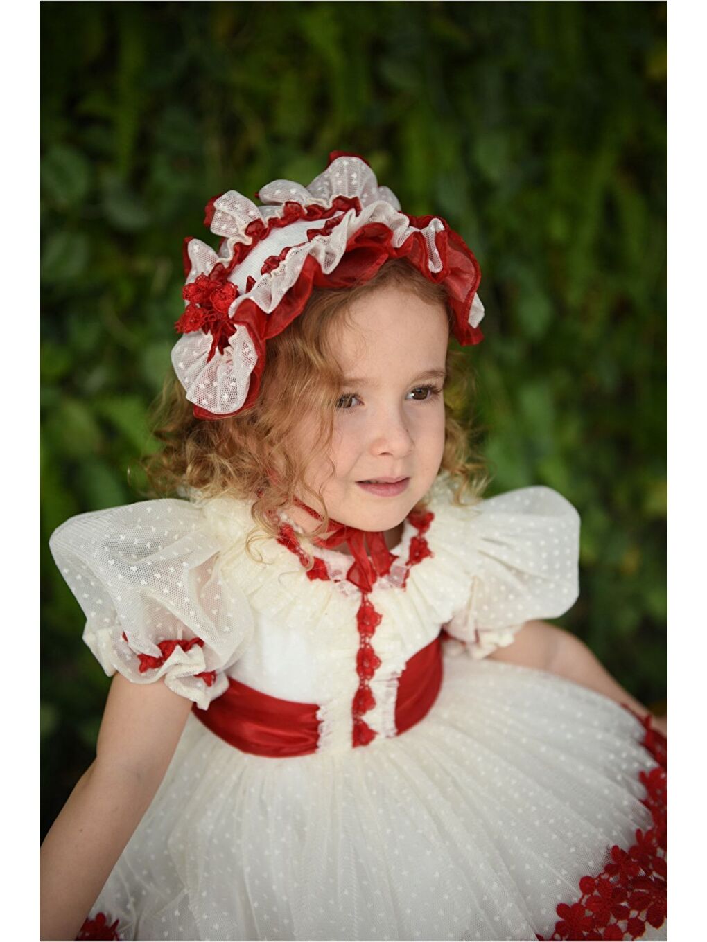 Kırmızı Özel Tasarım Kız Çocuk Vintage Elbise, Kısa Kız Çocuk Elbisesi, Saç Aksesuarlı Çocuk Abiye_M2316-4