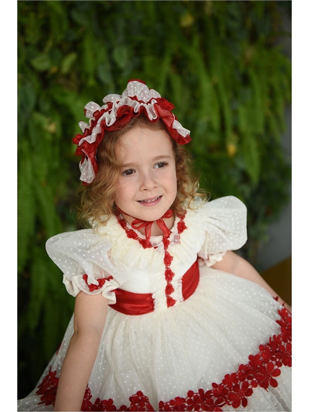 Kırmızı Özel Tasarım Kız Çocuk Vintage Elbise, Kısa Kız Çocuk Elbisesi, Saç Aksesuarlı Çocuk Abiye_M2316-5