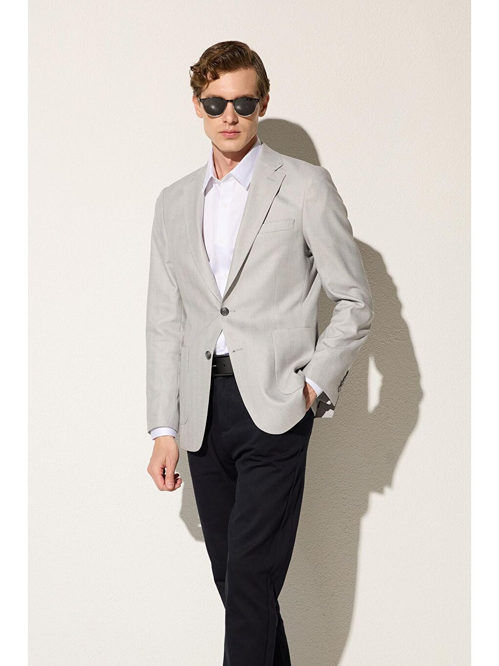 Erkek Slim Fit Mono Yaka Çift Yırtmaçlı Casual Gri Tek Ceket