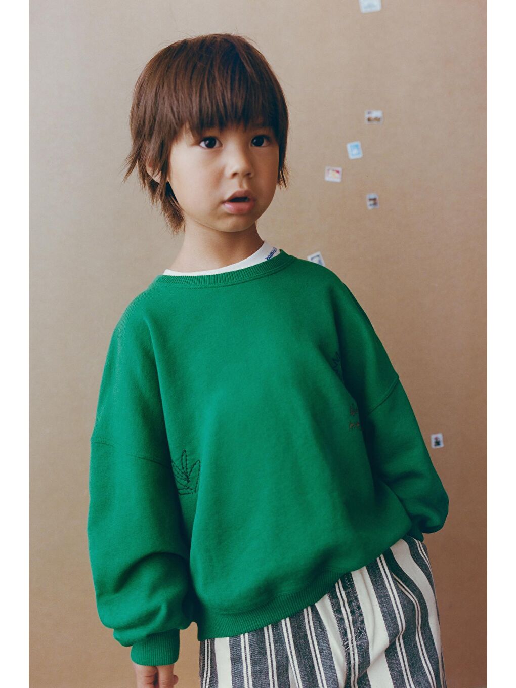 Karışık Unisex Çocuk Yeşil At Nakışlı Oversize Sweatshirt Ve Çizgili Pantolon Takım-5