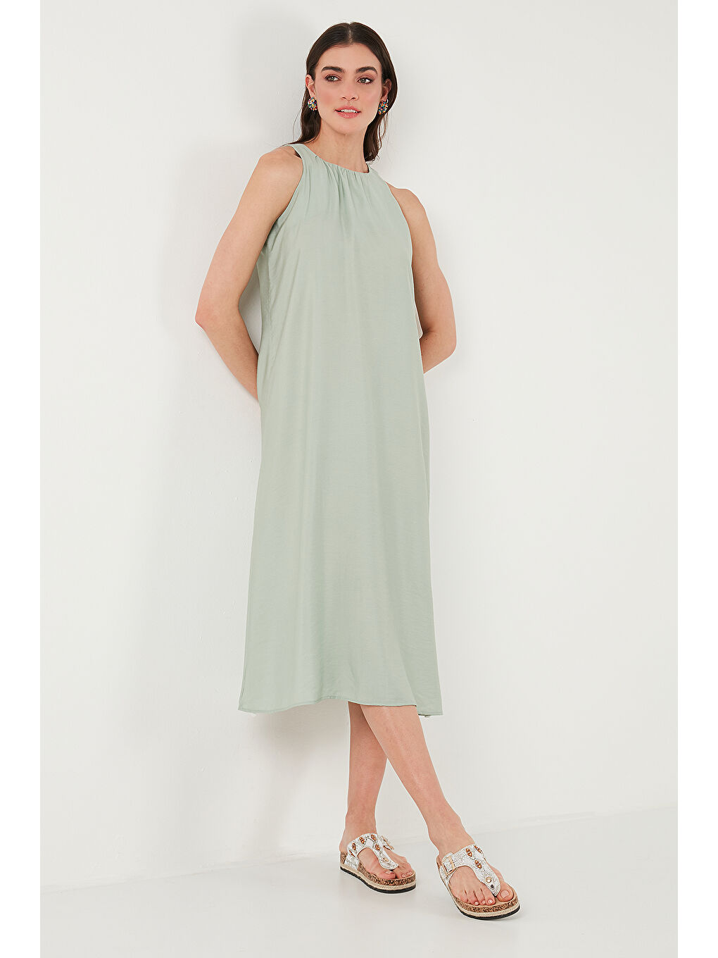 Yeşil Regular Fit Halter Yaka Midi Boy Kadın Elbise 67810049-2