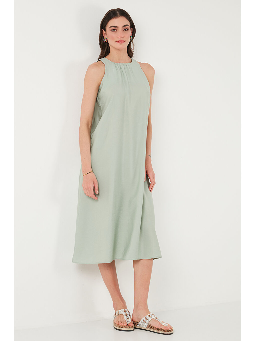 Yeşil Regular Fit Halter Yaka Midi Boy Kadın Elbise 67810049-3