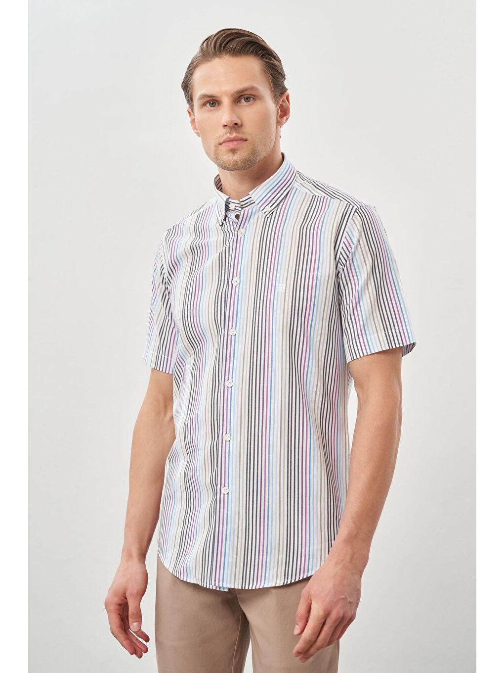 Mor Kısa Kol Çizgili Düğmeli Yaka  Slim Fit Dar Kesim Klasik Gömlek 1004220155