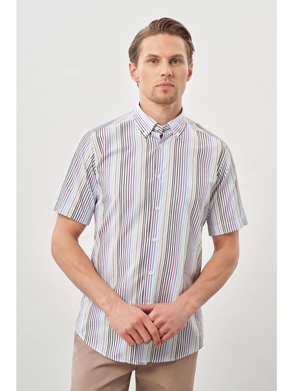 Mor Kısa Kol Çizgili Düğmeli Yaka  Slim Fit Dar Kesim Klasik Gömlek 1004220155-2