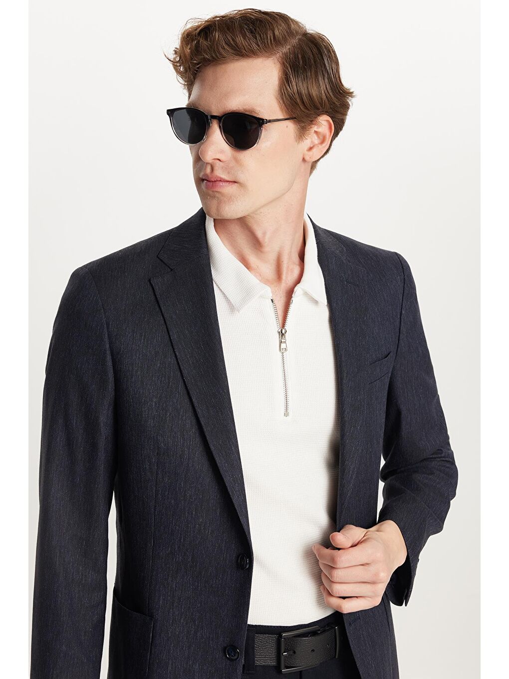 Erkek Slim Fit Mono Yaka Çift Yırtmaçlı Casual Lacivert Tek Ceket