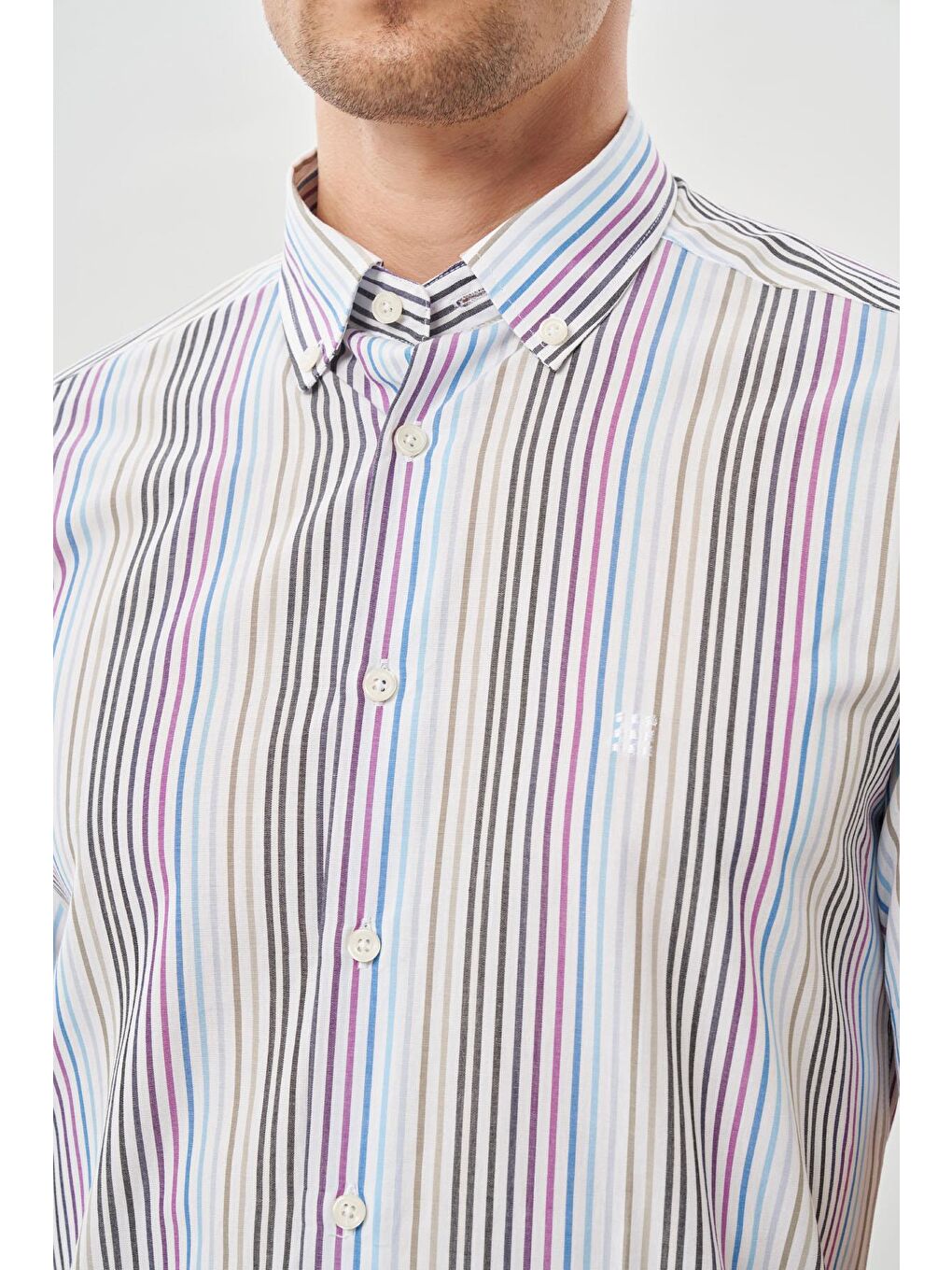 Mor Kısa Kol Çizgili Düğmeli Yaka  Slim Fit Dar Kesim Klasik Gömlek 1004220155-3