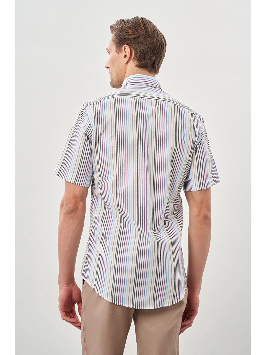 Mor Kısa Kol Çizgili Düğmeli Yaka  Slim Fit Dar Kesim Klasik Gömlek 1004220155-4