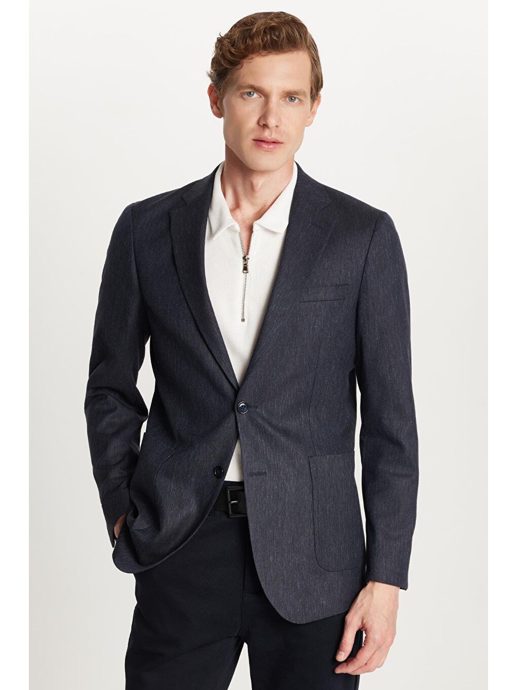 Erkek Slim Fit Mono Yaka Çift Yırtmaçlı Casual Lacivert Tek Ceket-2