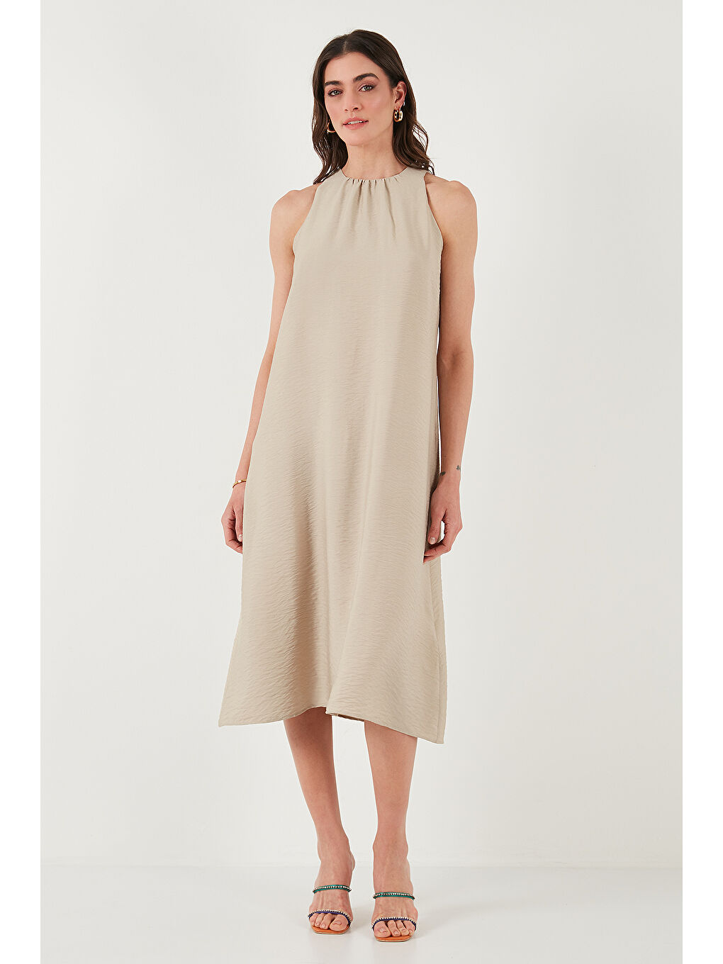 Bej Regular Fit Halter Yaka Midi Boy Kadın Elbise 67810049-4