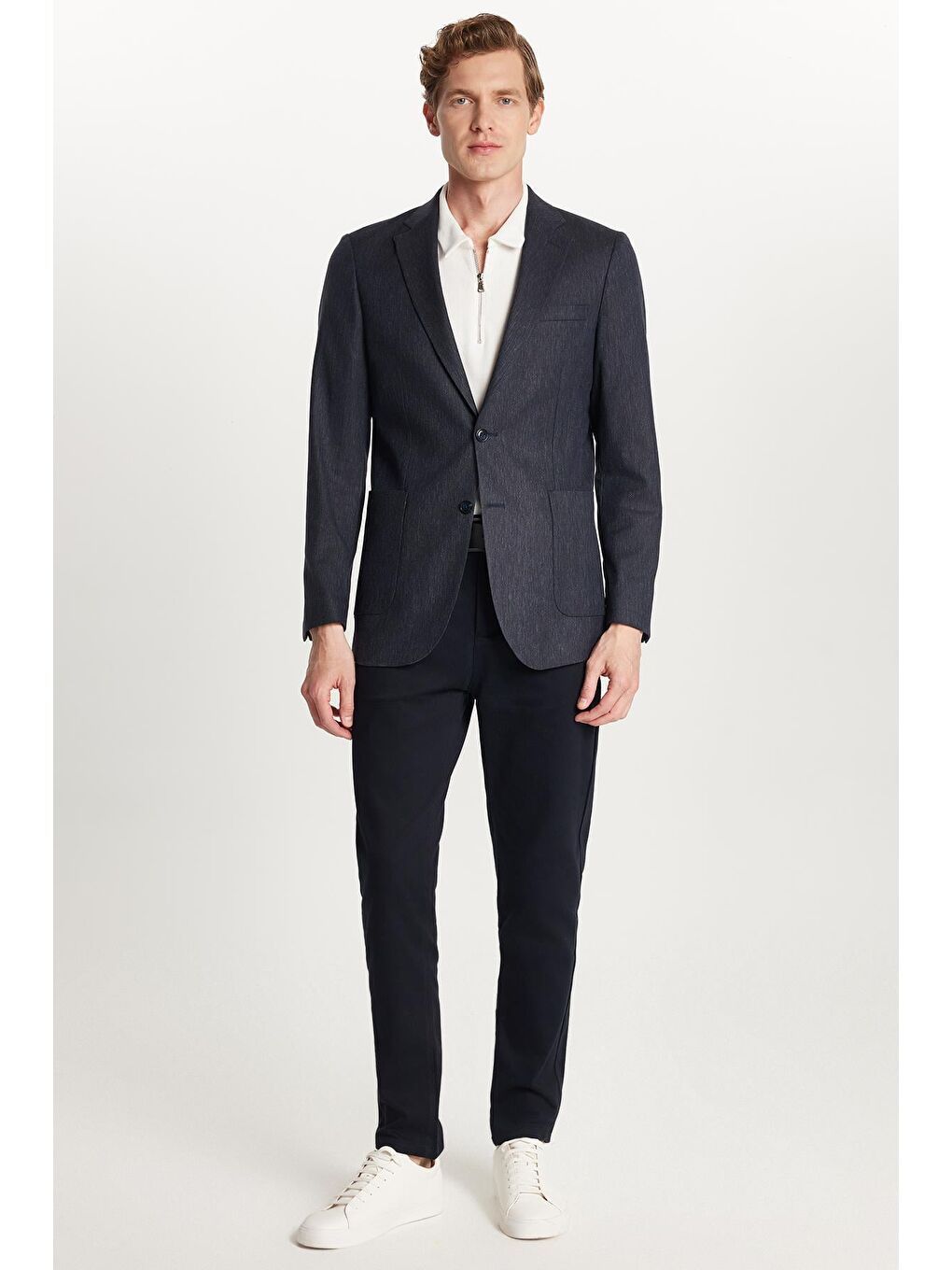 Erkek Slim Fit Mono Yaka Çift Yırtmaçlı Casual Lacivert Tek Ceket-5