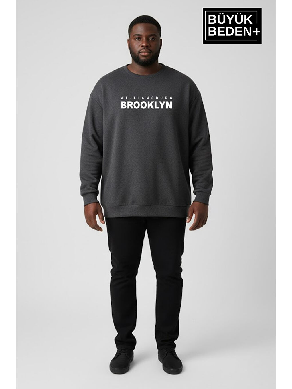 Antrasit Erkek Büyük Beden Willams Brooklyn Baskılı Bisiklet Yaka ince Sweatshirt SPR26BSW956-16