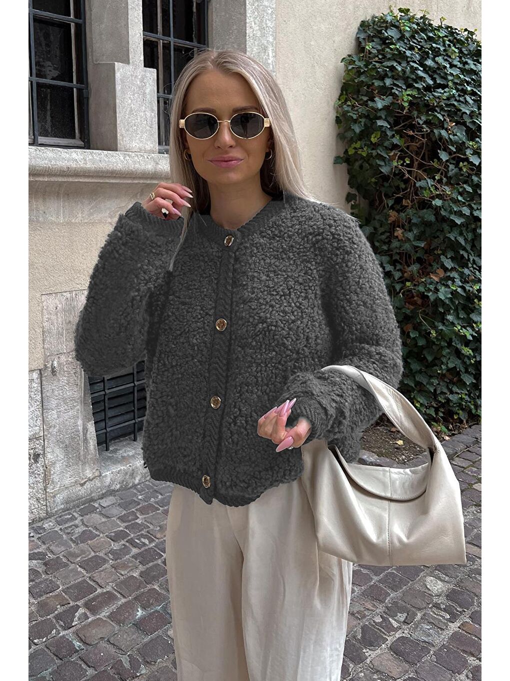 Antrasit Düğmeli Buklet Triko Hırka Mg1949