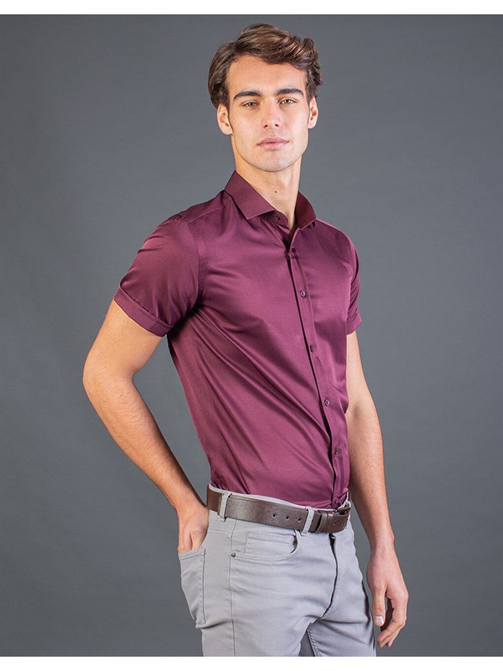 Modern Slim Fit Kısa Kollu Düz Saten Erkek Bordo Gömlek-1