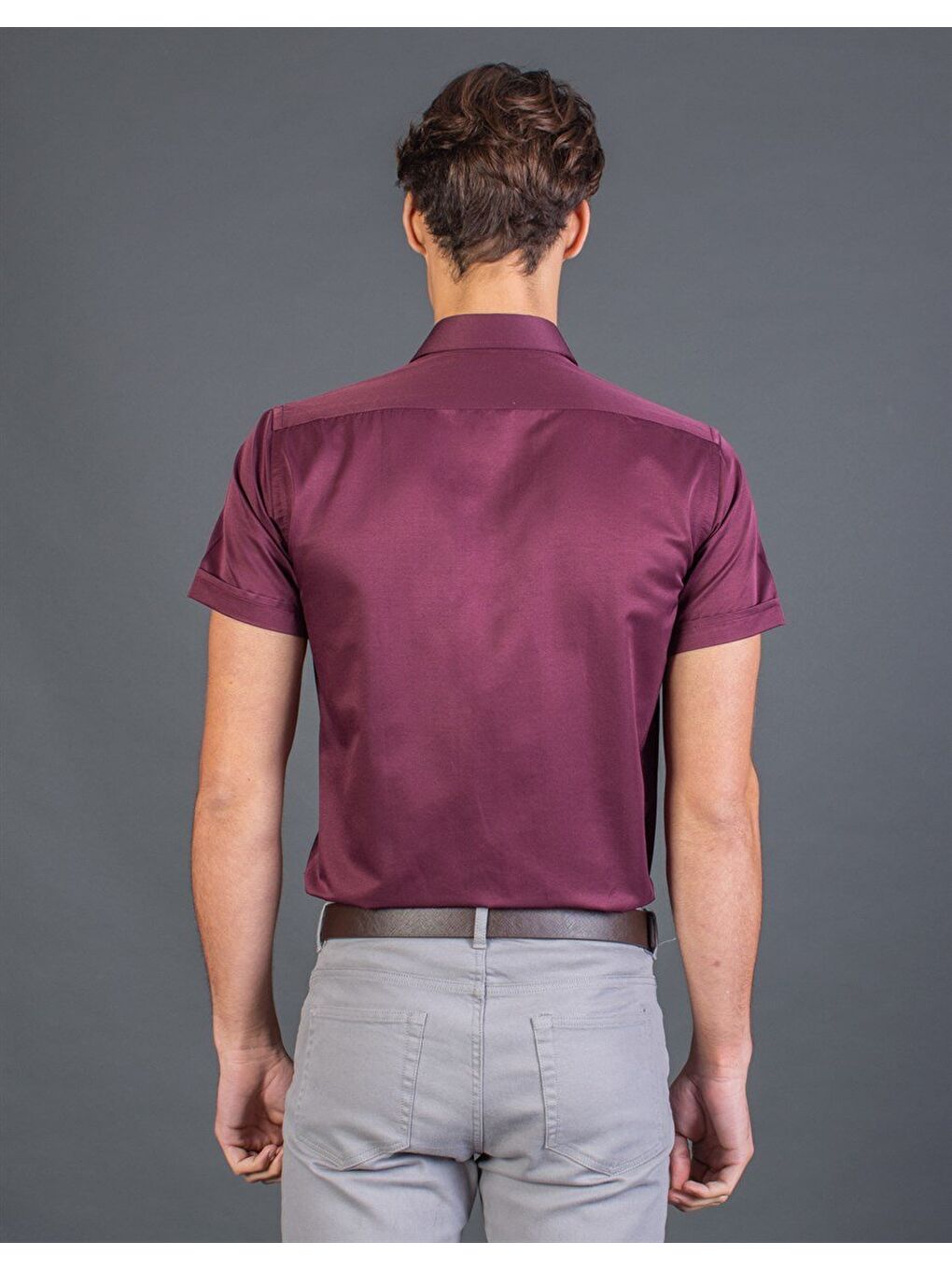 Modern Slim Fit Kısa Kollu Düz Saten Erkek Bordo Gömlek-2