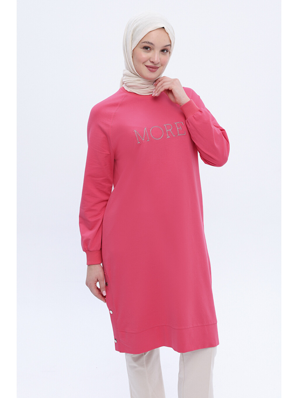 Pembe Pamuklu Nakışlı Sweat Tunik