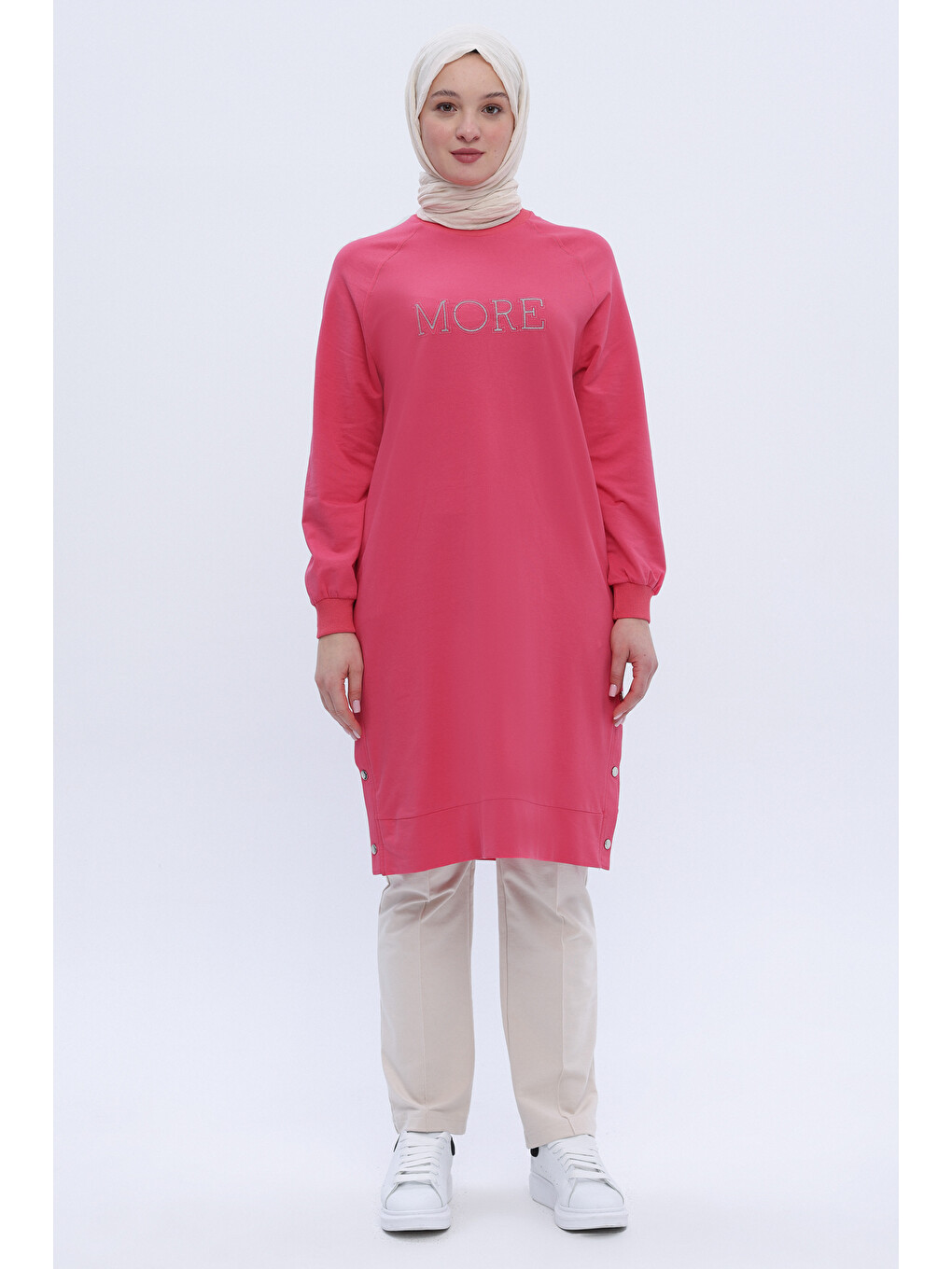 Pembe Pamuklu Nakışlı Sweat Tunik-1