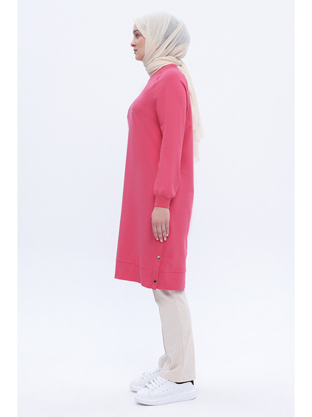 Pembe Pamuklu Nakışlı Sweat Tunik-2
