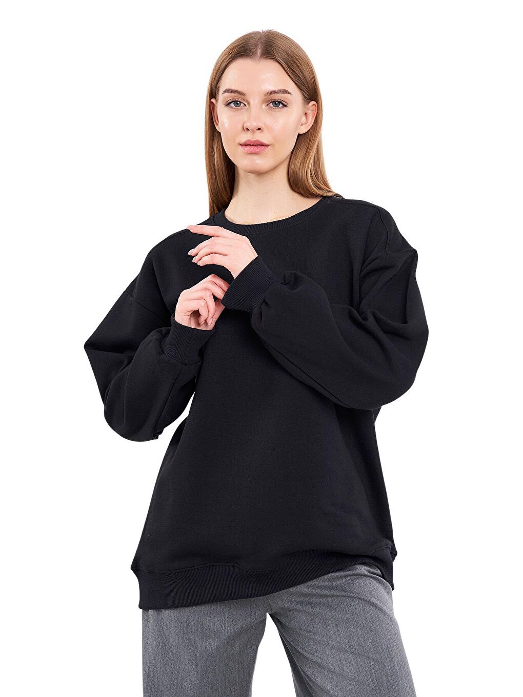 MMETALIC Siyah Kadın Siyah Pamuklu Oversize Basic Bisiklet Yaka Sweatshirt