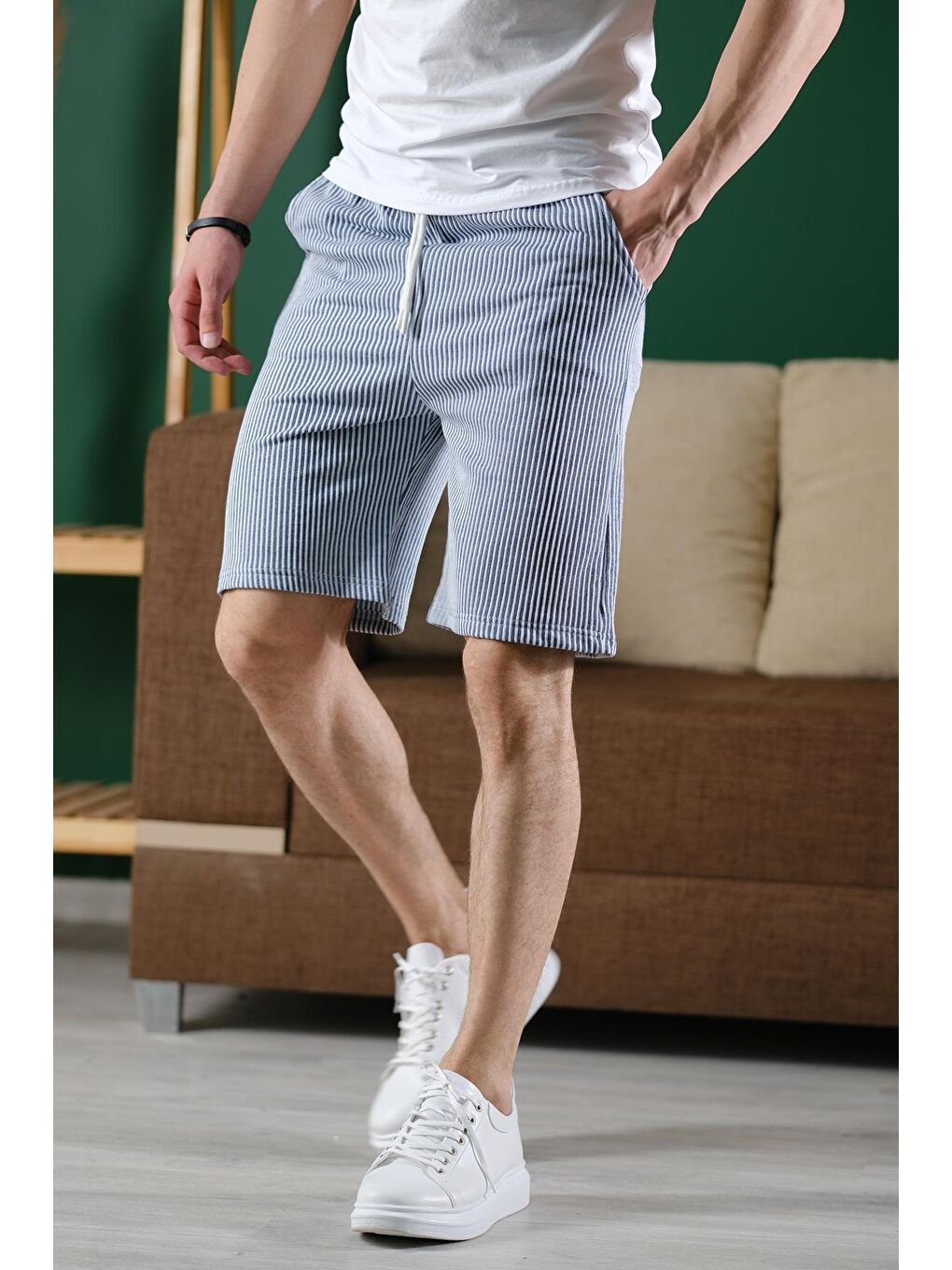 Mavi Ethan Çizgili Dokuma Slim Fit Elastanlı Erkek Bermuda Şort
