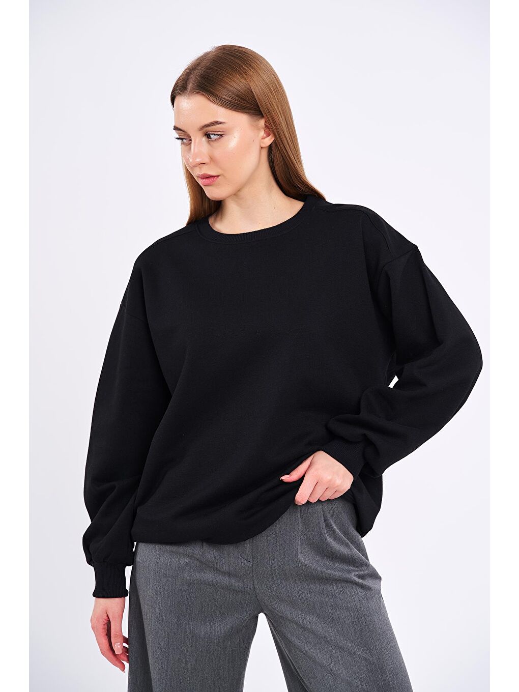 MMETALIC Siyah Kadın Siyah Pamuklu Oversize Basic Bisiklet Yaka Sweatshirt - 1