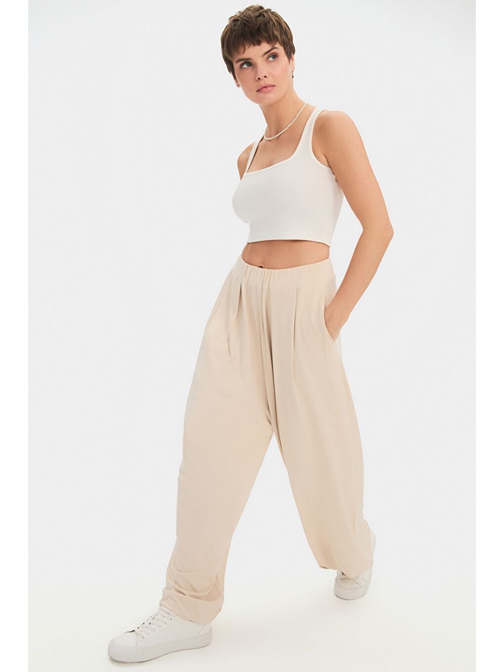 Bej Kadın Rayon Karışımlı Wide Leg/Geniş Paça Dökümlü Pantolon-2