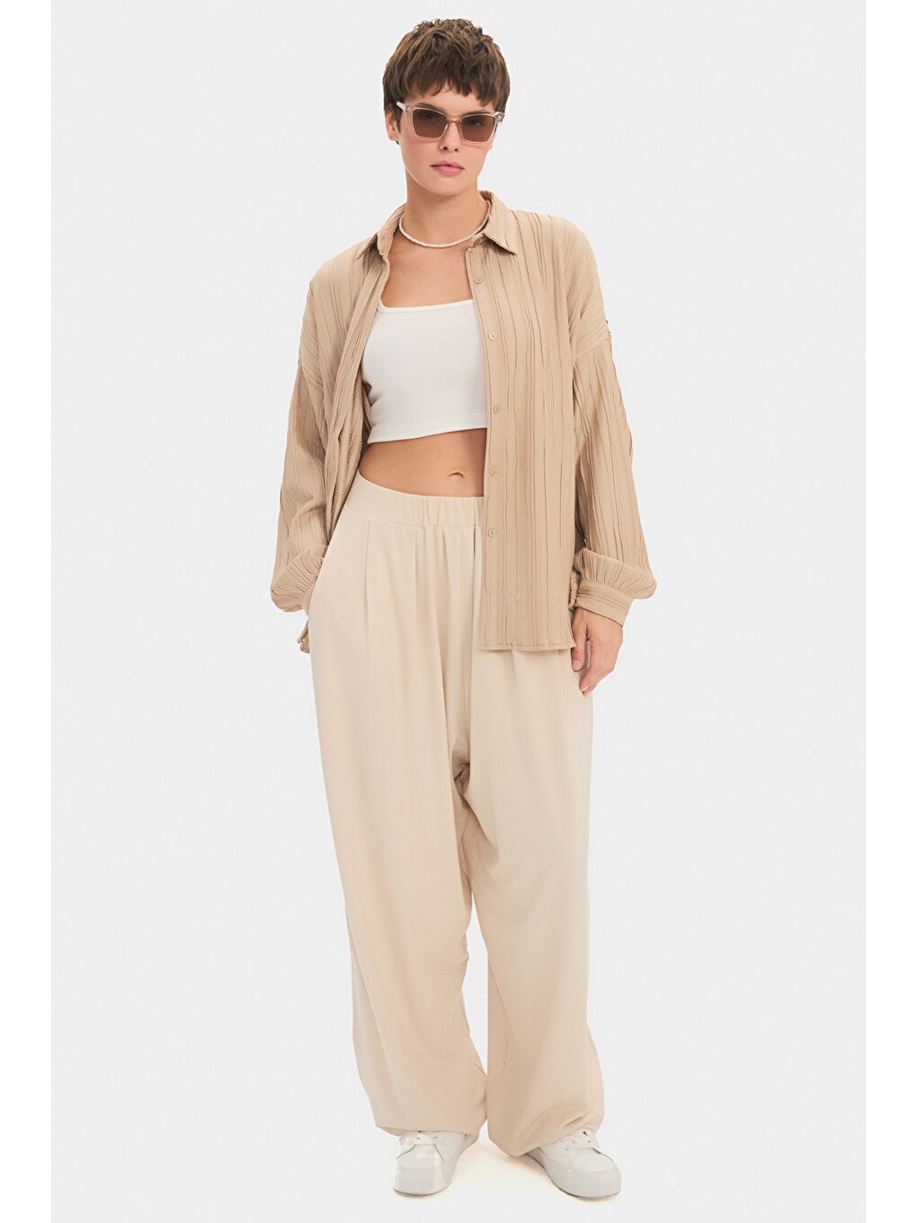 Bej Kadın Rayon Karışımlı Wide Leg/Geniş Paça Dökümlü Pantolon-4