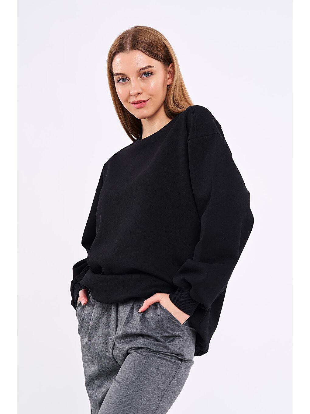 MMETALIC Siyah Kadın Siyah Pamuklu Oversize Basic Bisiklet Yaka Sweatshirt - 2