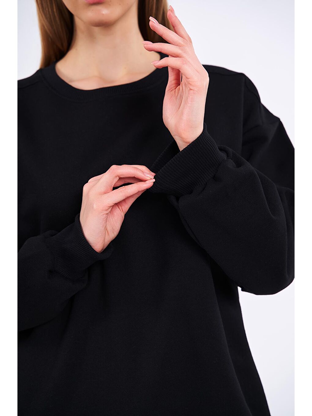 MMETALIC Siyah Kadın Siyah Pamuklu Oversize Basic Bisiklet Yaka Sweatshirt - 4