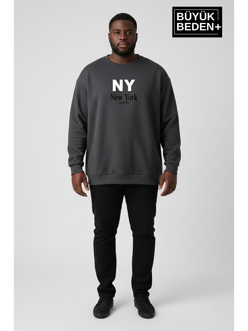 Antrasit Erkek Büyük Beden NY Newyork Baskılı Bisiklet Yaka ince Sweatshirt SPR26BSW956-15