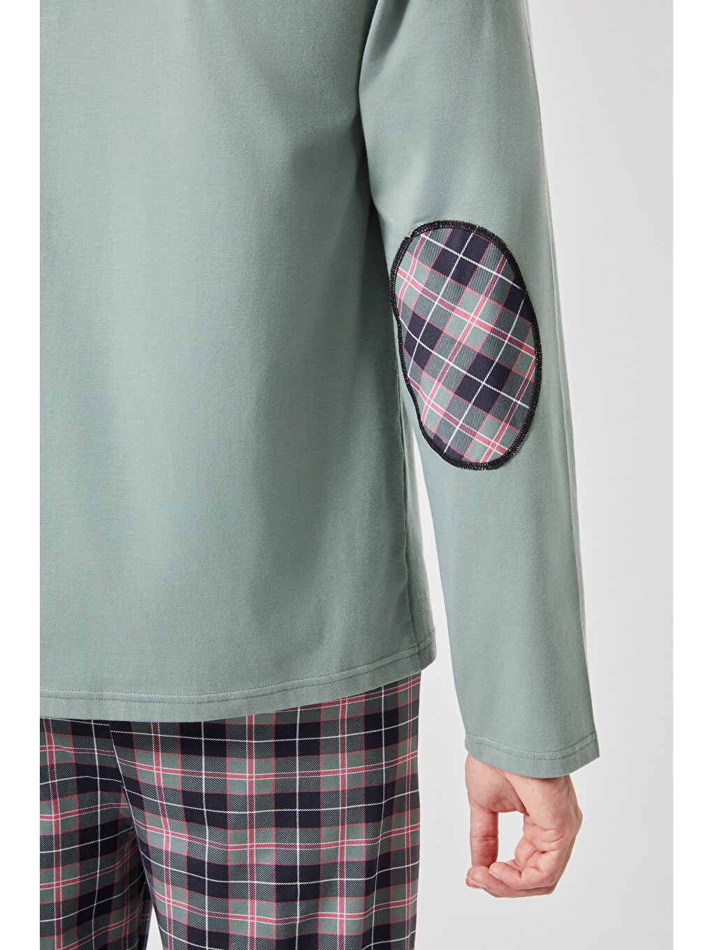 Yeşil Erkek Pamuklu Uzun Kollu Yamalı Ekose Desenli Pijama Takımı-1