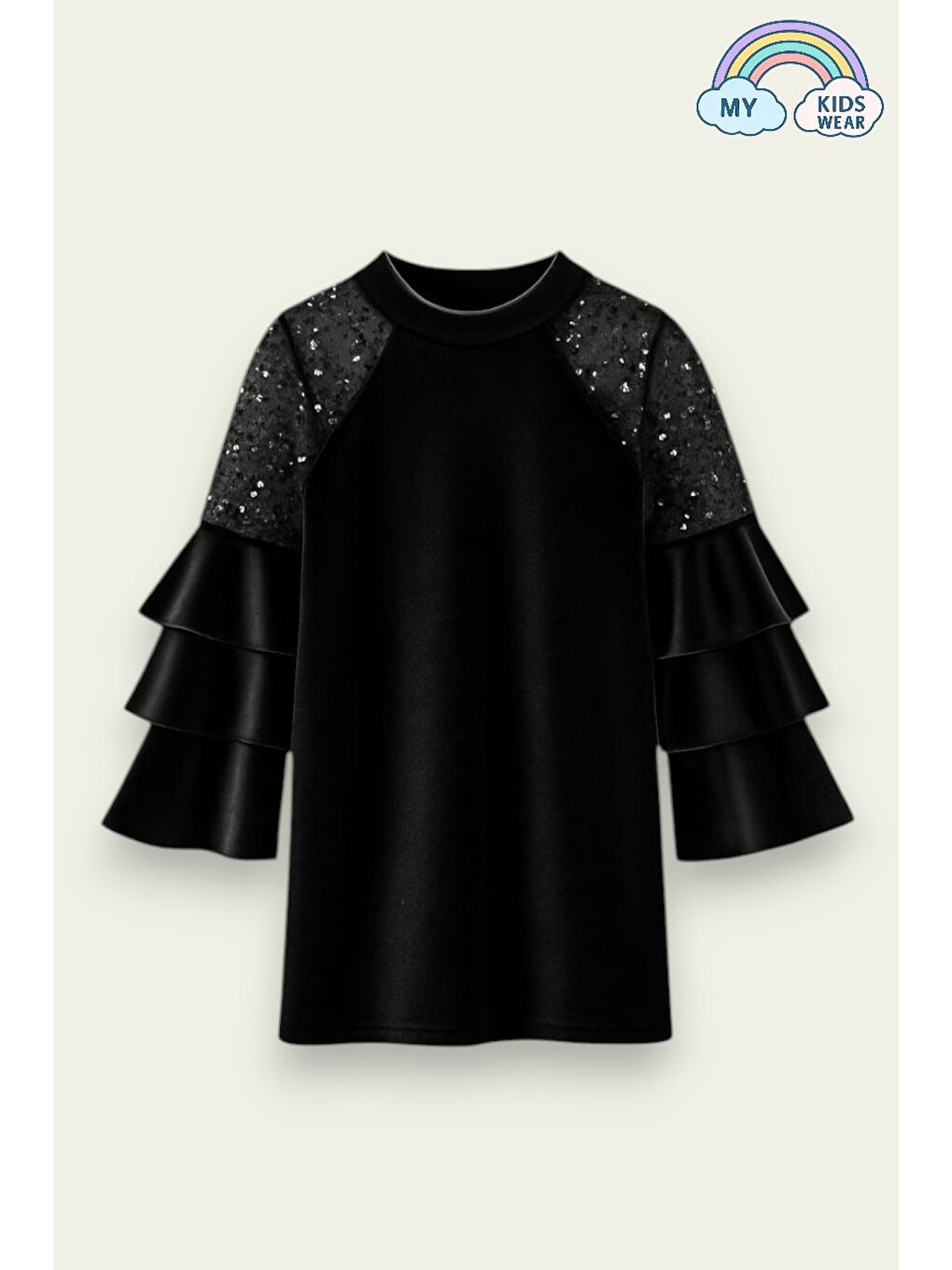 Siyah Kız Çocuk Özel Günler İçin Kadife Çocuk Elbisesi 4-12 Yaş 12107-1