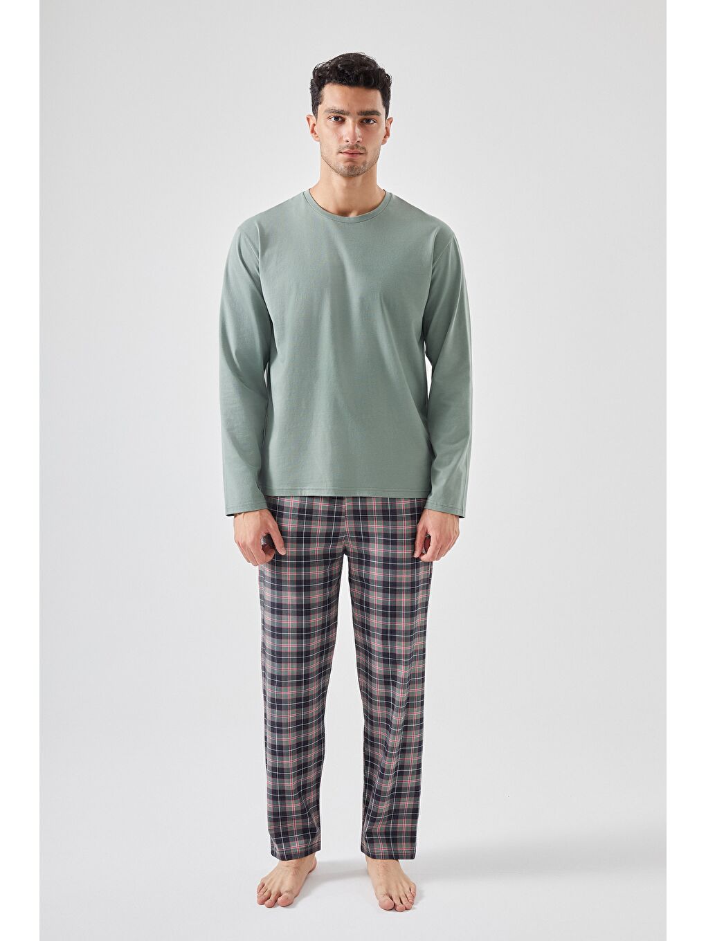 Yeşil Erkek Pamuklu Uzun Kollu Yamalı Ekose Desenli Pijama Takımı-2