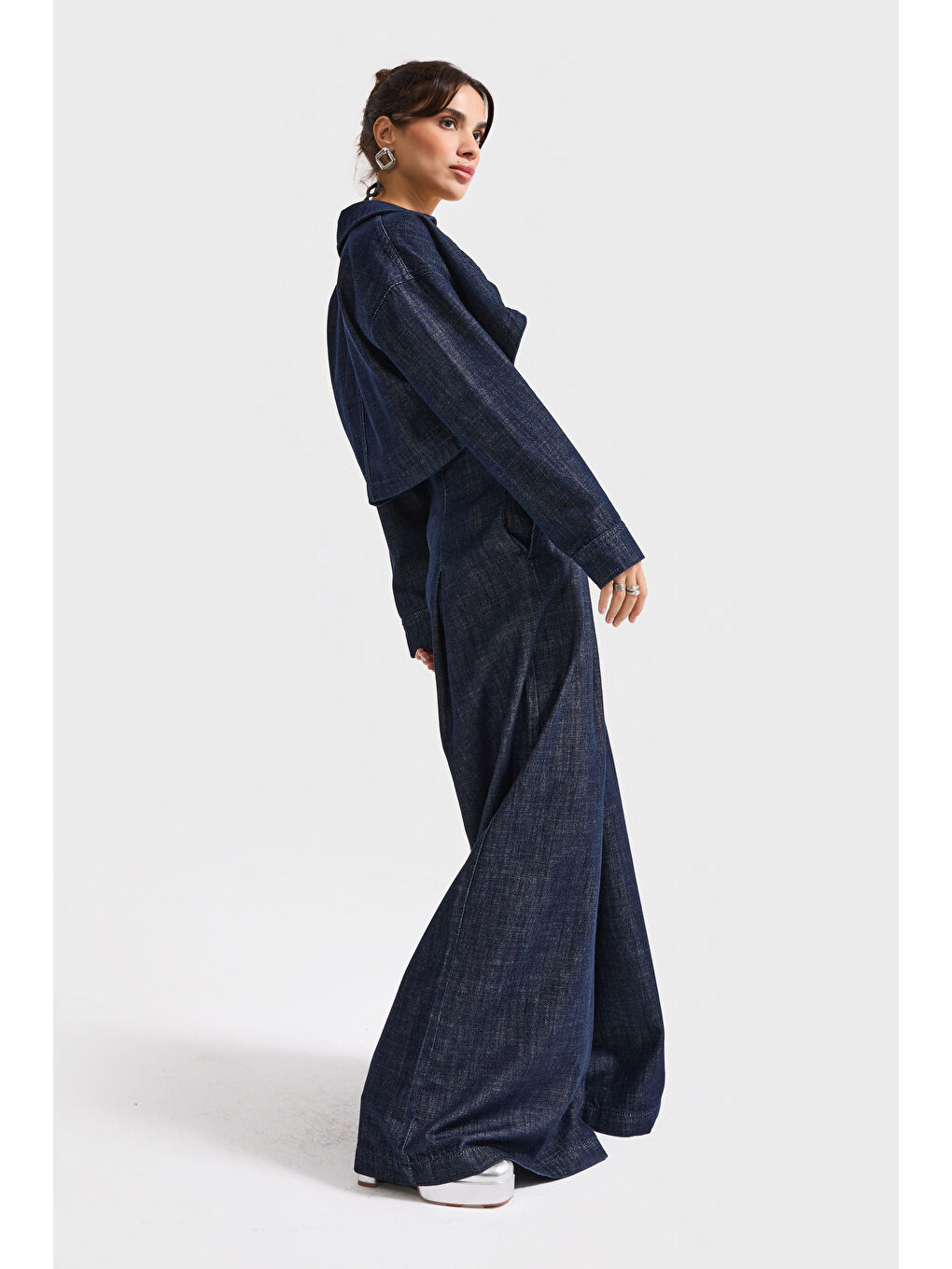 Kadın İndigo Renk 7w5-50 Süper Palazzo Fit Yüksek Bel Özel Tasarım Denim Jean-3