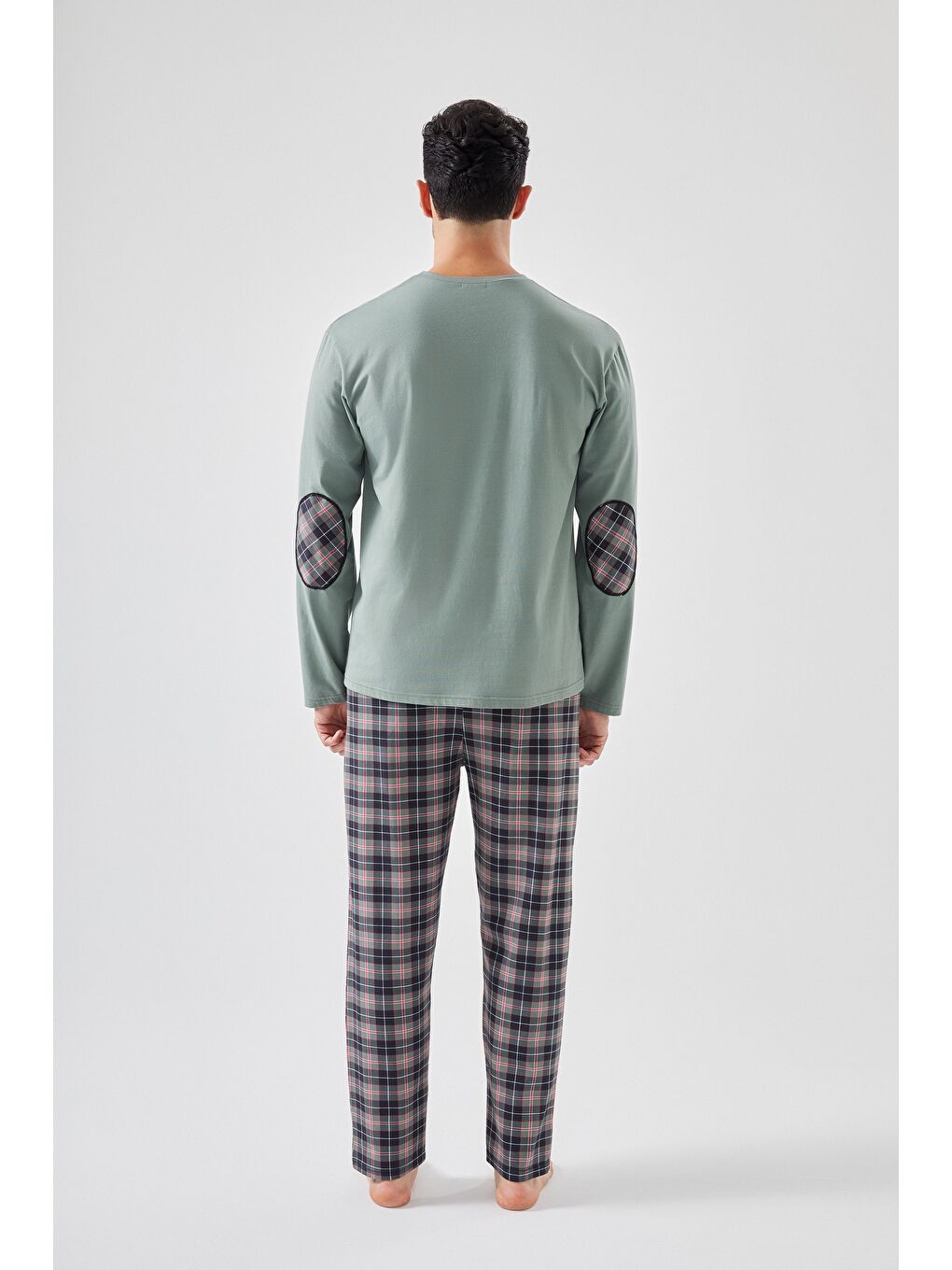 Yeşil Erkek Pamuklu Uzun Kollu Yamalı Ekose Desenli Pijama Takımı-3