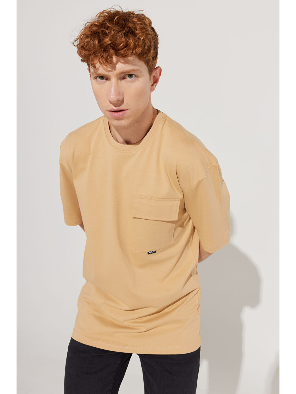 Kahverengi Erkek Camel Oversize Fit Geniş Kesim Bisiklet Yaka %100 Pamuk Cepli Tişört