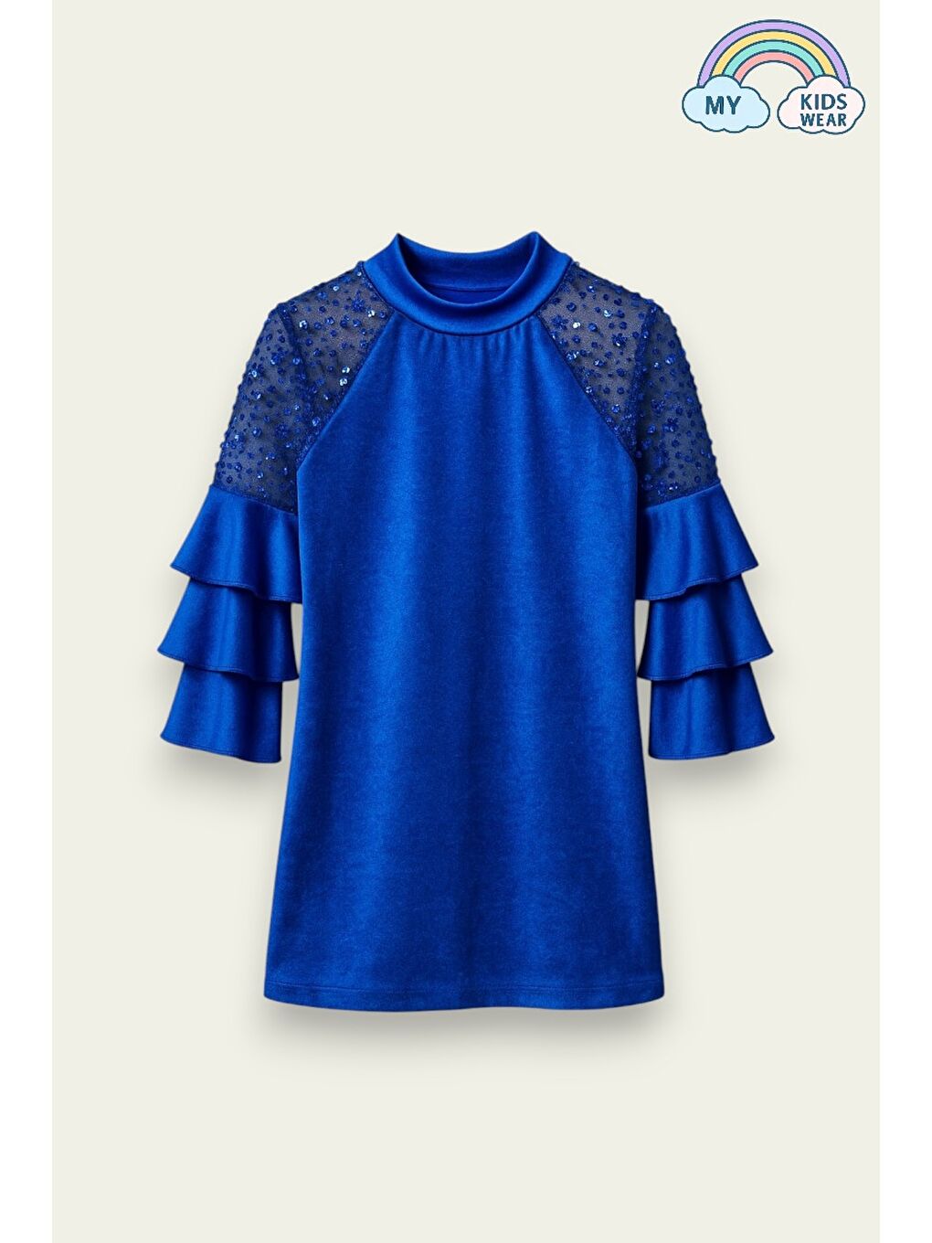 Mavi Kız Çocuk Özel Günler İçin Kadife Çocuk Elbisesi 4-12 Yaş 12102