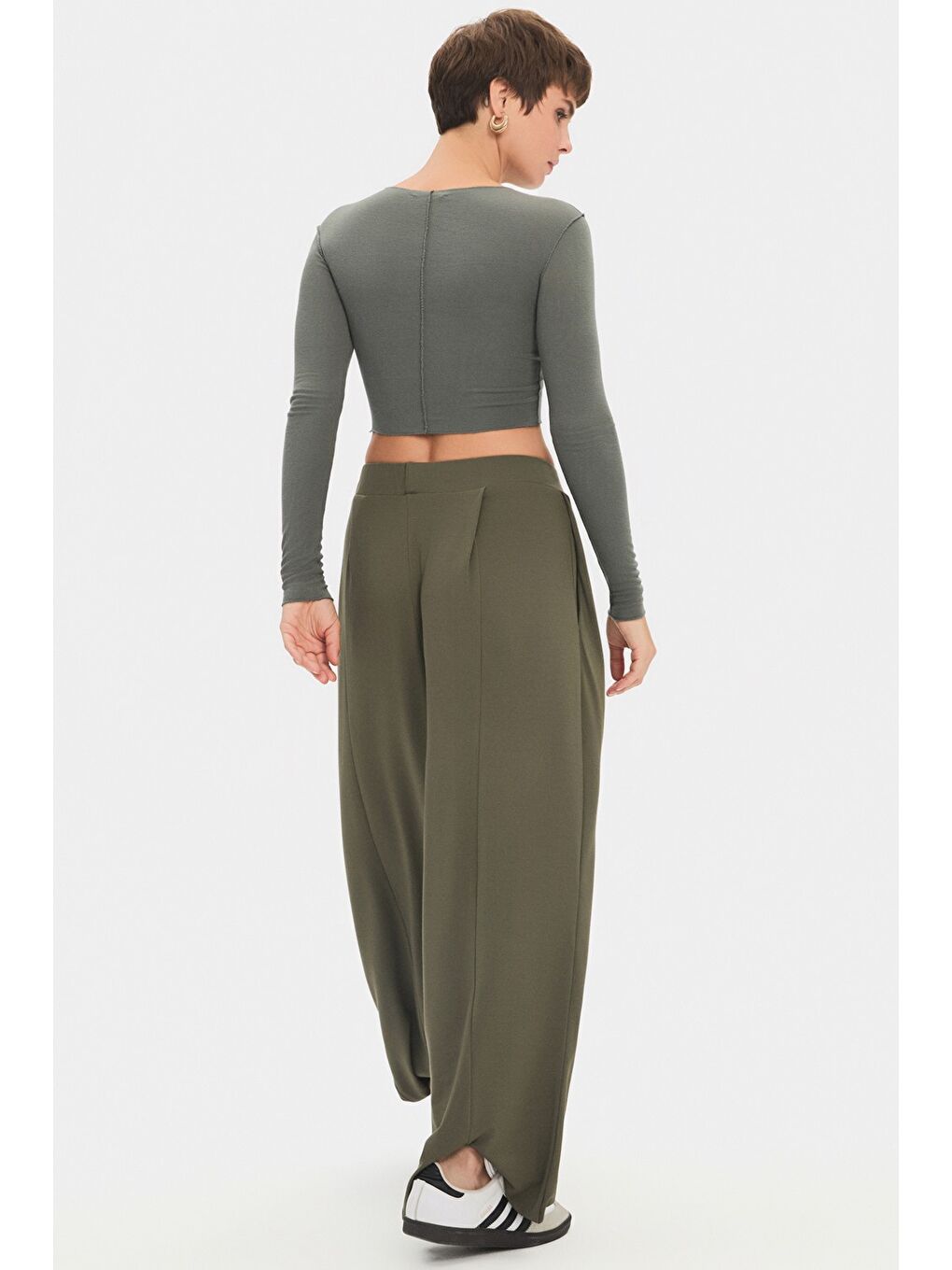 Haki Kadın Rayon Karışımlı Wide Leg/Geniş Paça Dökümlü Pantolon-4