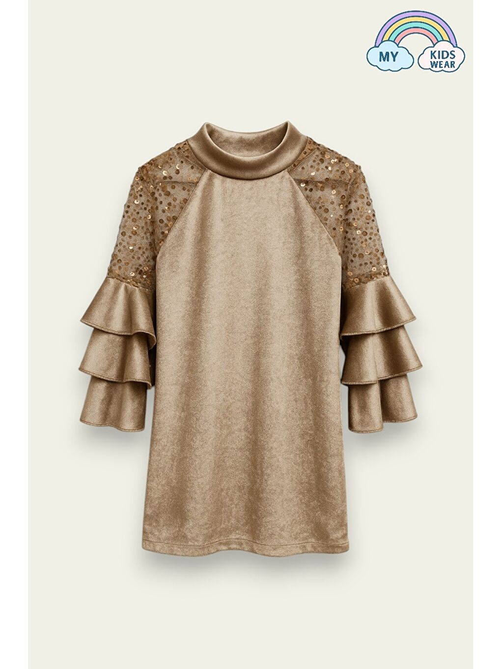Bej Kız Çocuk Özel Günler İçin Kadife Çocuk Elbisesi 4-12 Yaş 12105