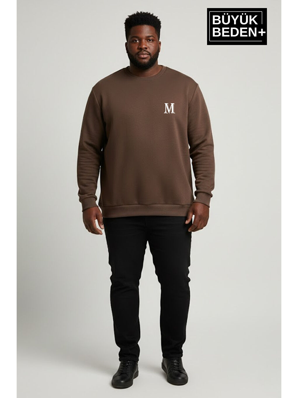 Kahverengi Erkek Büyük Beden M Baskılı Bisiklet Yaka ince Sweatshirt SPR26BSW956-13