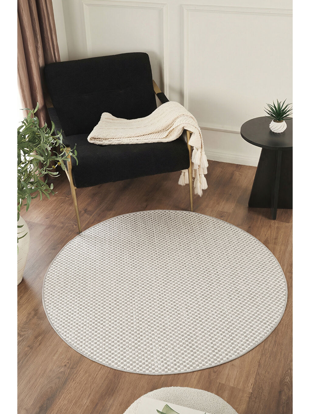 Sisalux 3082 Beyaz Gri Yuvarlak Sisal Dokuma Jüt Kilim Hav Toz Vermez Mutfak Oda Halısı-80x80